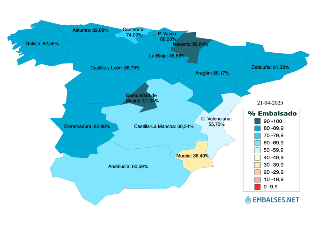 Mapa CCAA España semana 16 2025 reservas hídricas