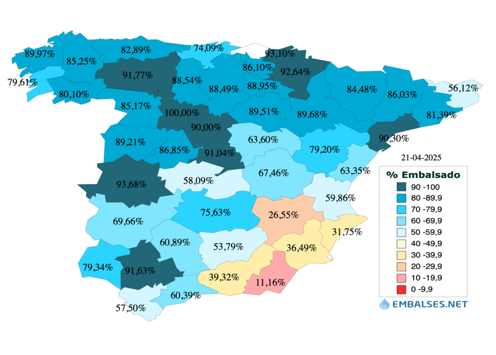 Mapa provincias España semana 16 2025 reservas hídricas